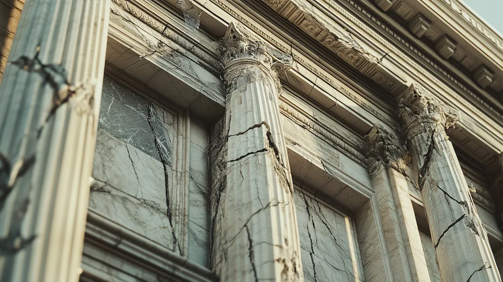 Cracked facade of a marble courthouse